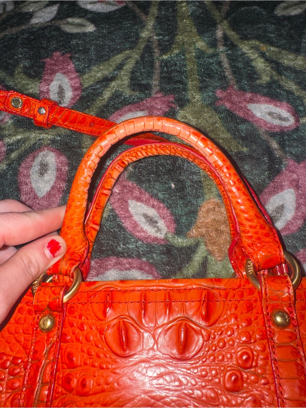 Brahmin Bright Orange Croc-Embossed Leather Satchel - Picture 13 of 15
